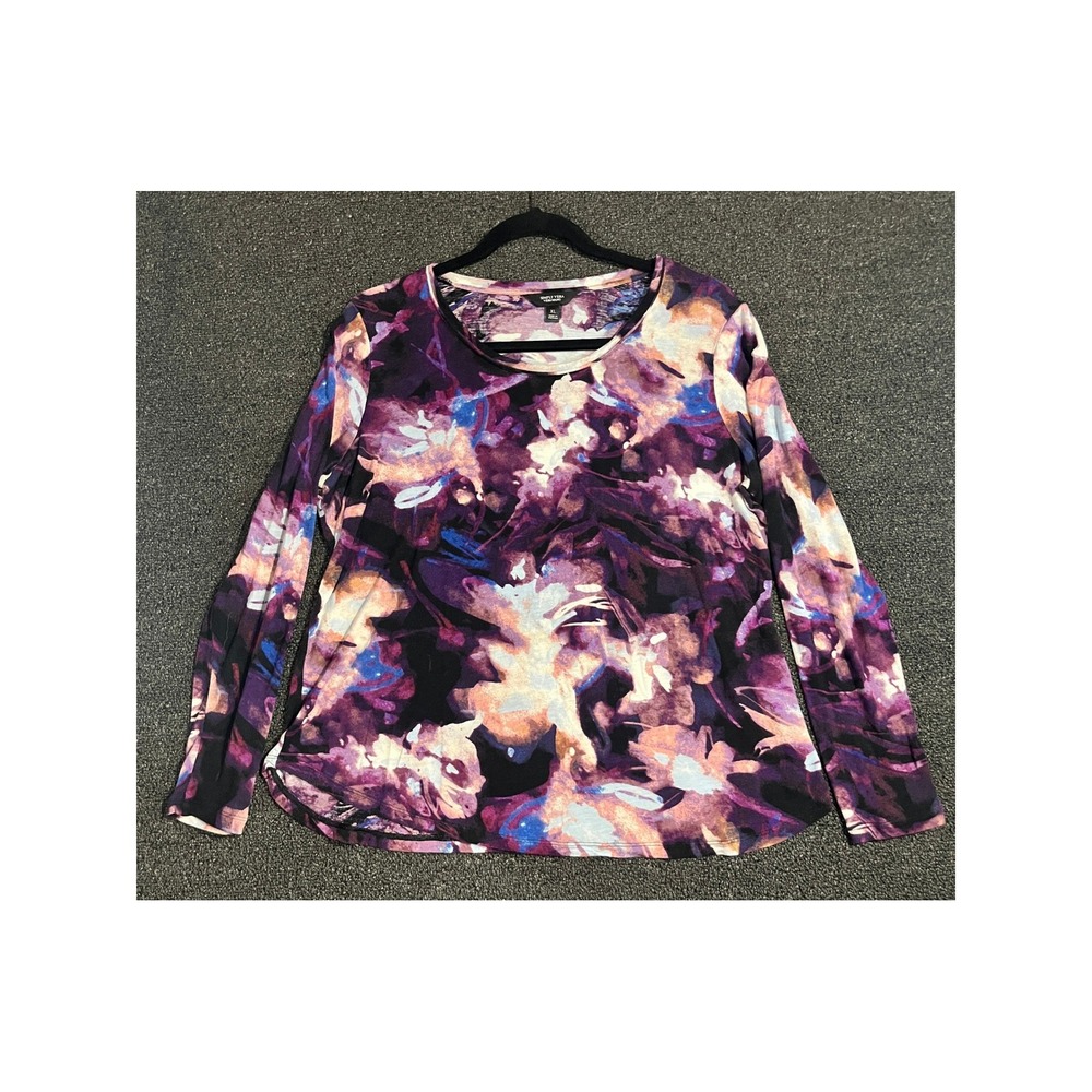 Simply Vera (Vera Wang) XL Purple Abstract Floral Long‎ Sleeve Rayon Top Blouse